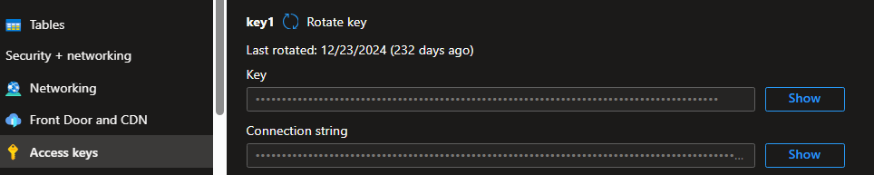 Azure Portal - Access keys panel showing Storage connection string